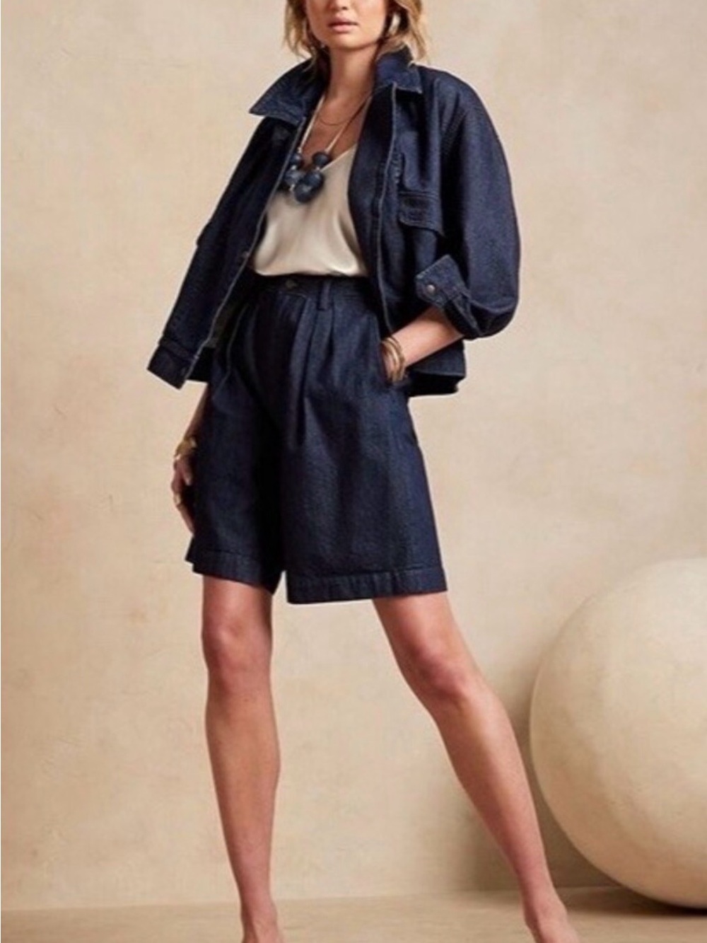 Banana Republic Dark Navy Pleated Denim Bermudas